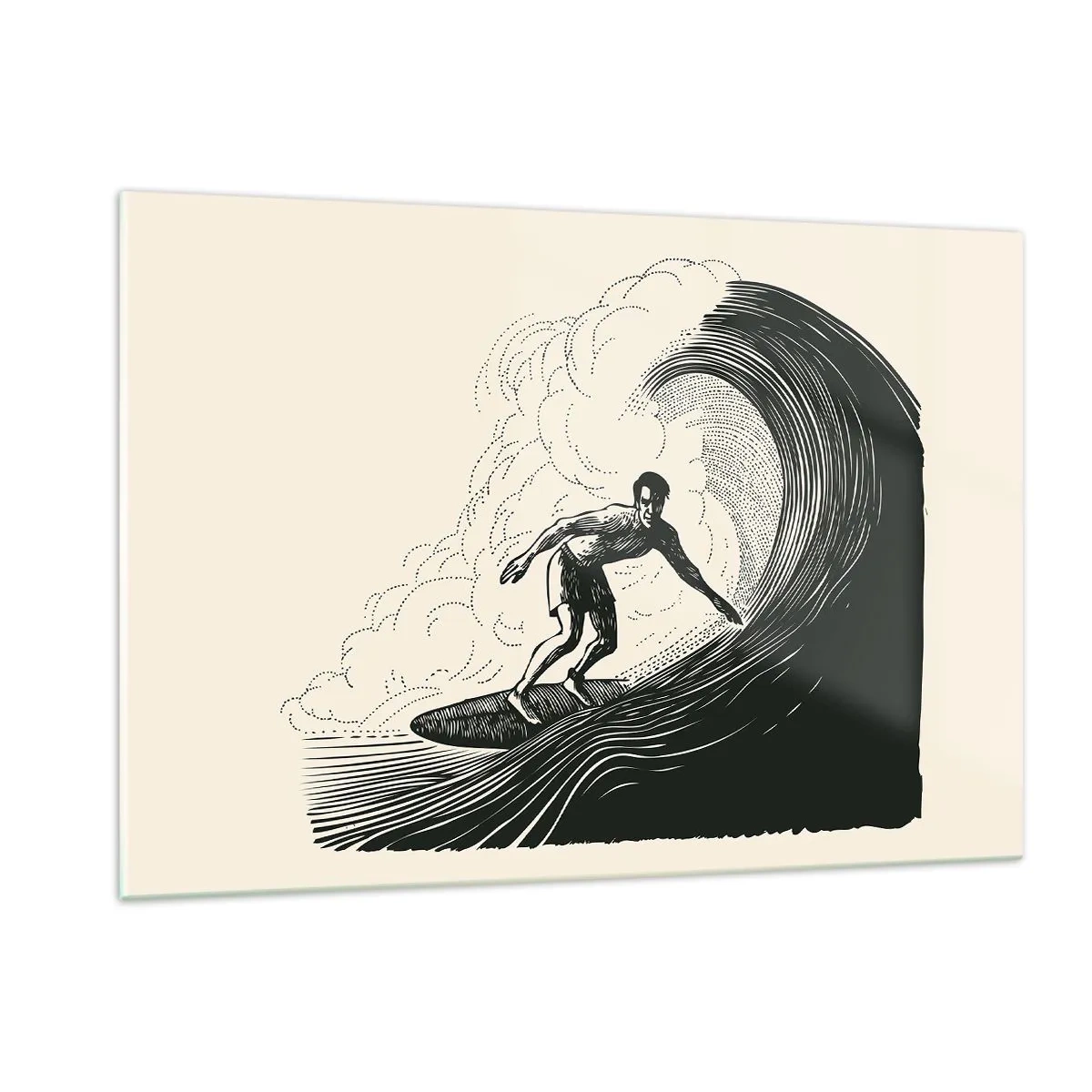 Glasbild - Bild auf glas - Surfer reitet auf einer hohen Welle im Retro-Zeichenstil - 120x80cm - König der Welle - Moderne Wanddekoration für Wohnzimmer und Schlafzimmer ARTTOR
