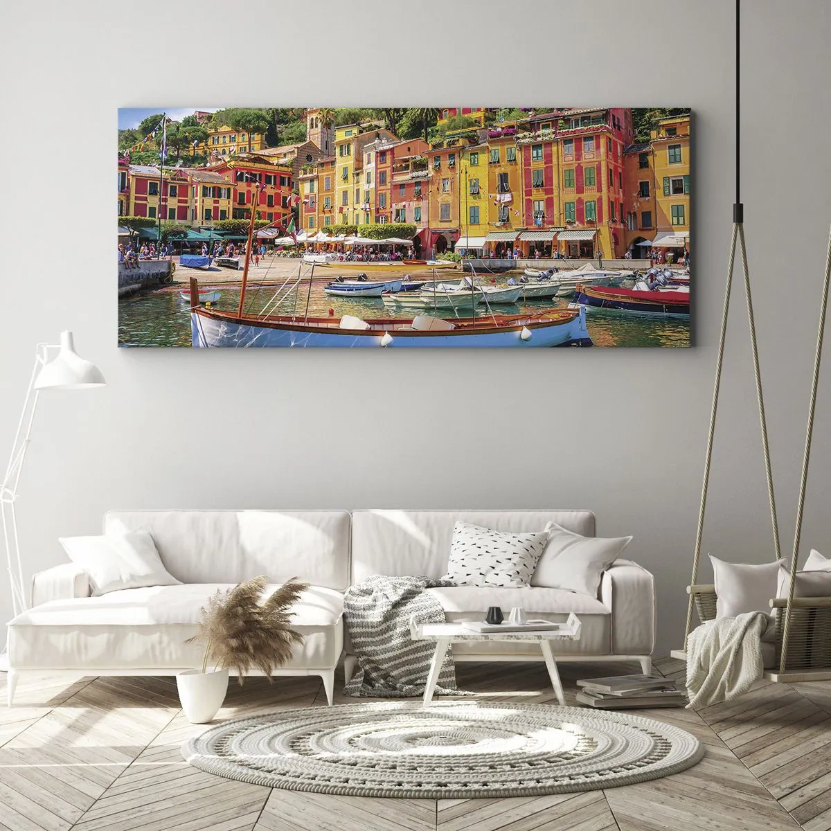 Bild auf Leinwand - Leinwandbild - Bunte Stadthäuser und Boote in einer italienischen Küstenstadt - 140x50cm - Italienischer Morgen - Moderne Wanddekoration für Wohnzimmer und Schlafzimmer ARTTOR