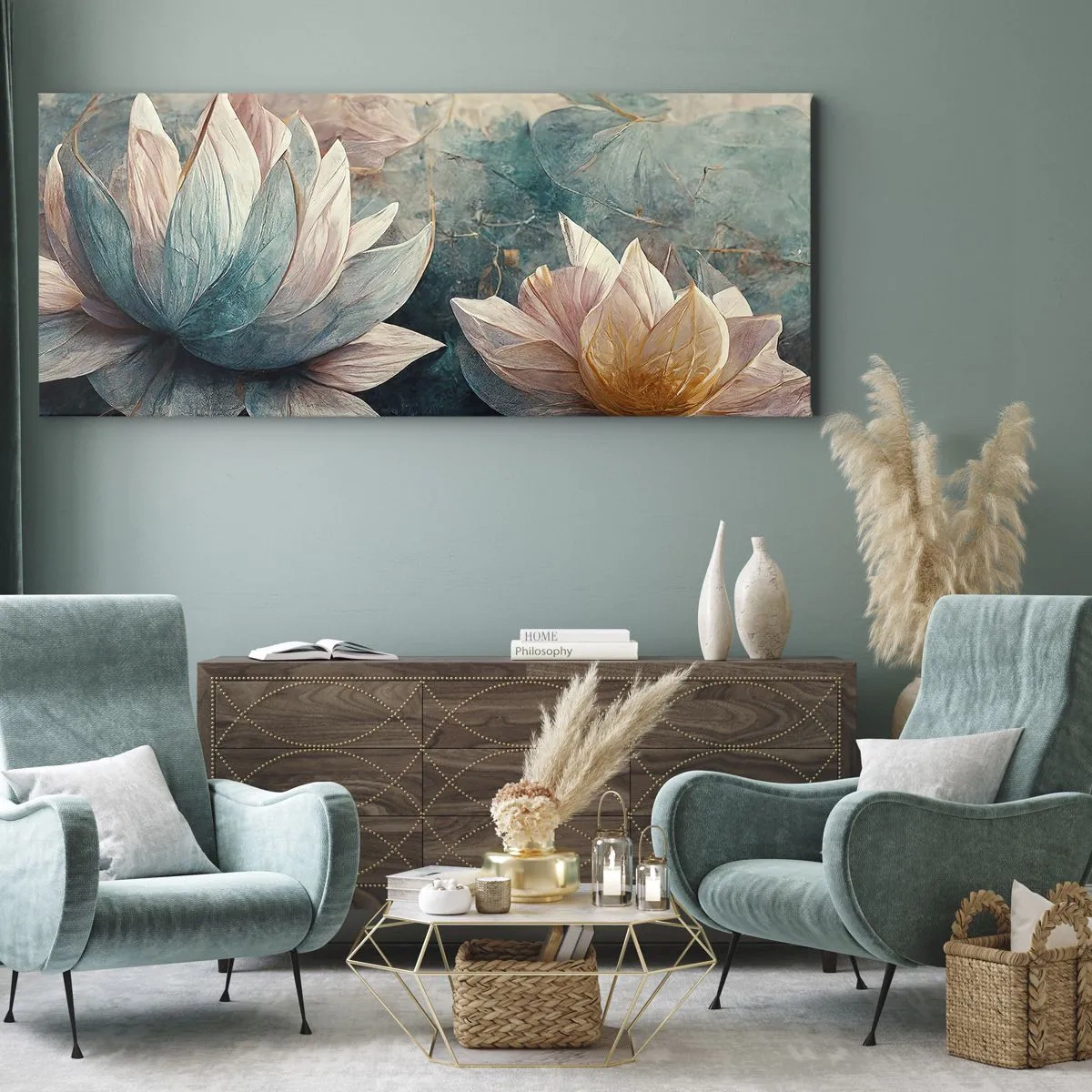 Bild auf Leinwand - Leinwandbild - Dezente Seerosen in Pastelltönen von Blau und Gold - 120x50cm - Seesterne - Moderne Wanddekoration für Wohnzimmer und Schlafzimmer ARTTOR