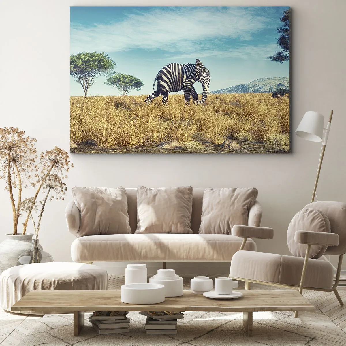 Bild auf Leinwand - Leinwandbild - Zebra in einer afrikanischen Landschaft - 70x50cm - Grau ist nicht mehr in Mode - Moderne Wanddekoration für Wohnzimmer und Schlafzimmer ARTTOR