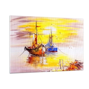 Glasbild - Bild auf glas - Fischerboote bei Sonnenuntergang auf ruhigem Wasser - 120x80cm - Eine wohlverdiente Pause im Hafen - Moderne Wanddekoration für Wohnzimmer und Schlafzimmer ARTTOR