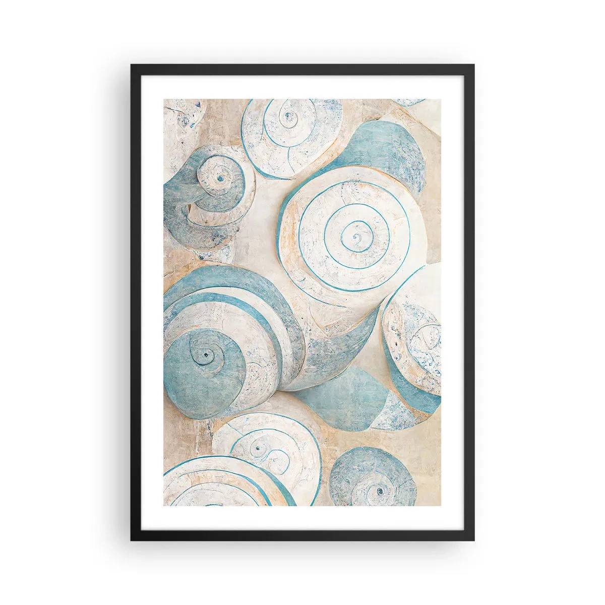 Poster in einem schwarzem Rahmen - Abstrakte Spiralen in Blau- und Beigetönen - 50x70cm - Was verbirgt sich in der Muschel? - Moderne Wanddekoration für Wohnzimmer und Schlafzimmer ARTTOR