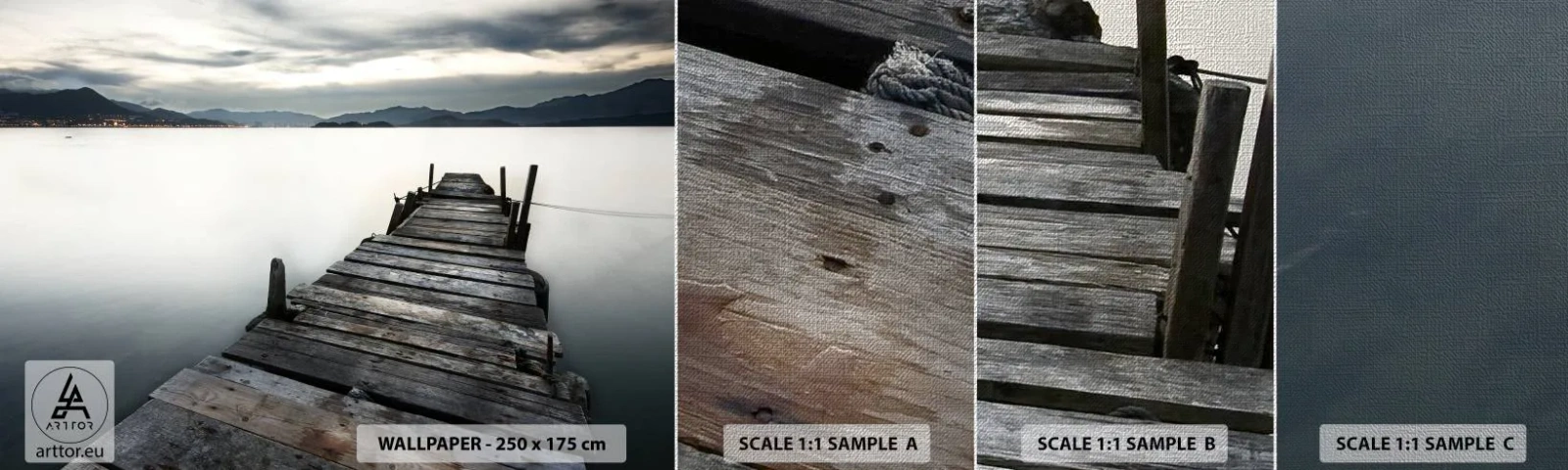 Fototapeten Muster Premium Canvas - Tauchen Sie ein in Ruhe - Landschaft, See, Holzbrücke - 100x30 cm