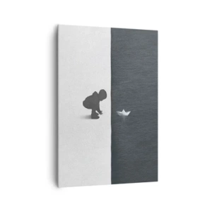 Bild auf Leinwand - Leinwandbild - Eine Kinderfigur mit einem Papierboot vor einem Hintergrund aus kontrastierenden Hälften - 70x100cm - Tolle Expedition - Moderne Wanddekoration für Wohnzimmer und Schlafzimmer ARTTOR