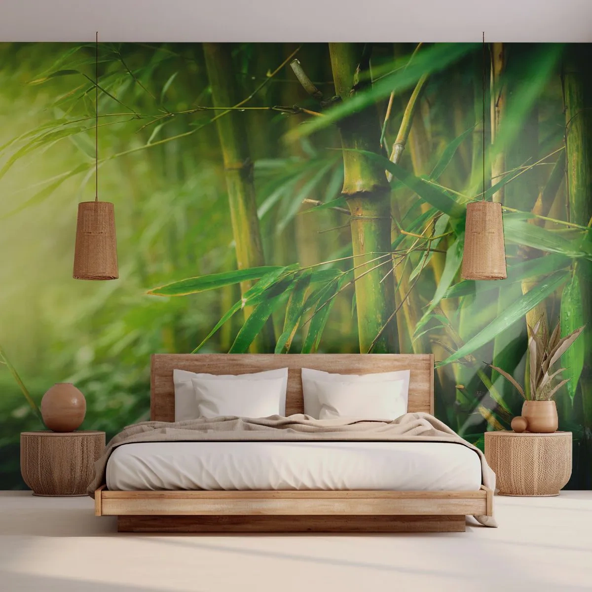 Fototapete Premium Sand - Grüner Bambuswald im Sonnenschein - 100x70cm - Lerne Grün selbst kennen - Moderne Wanddekoration für Wohnzimmer und Schlafzimmer ARTTOR