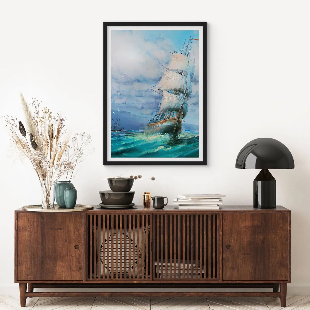 Poster in einem schwarzem Rahmen - Ein Segelschiff auf stürmischer See in Aquarell - 50x70cm - Guter Wind - Moderne Wanddekoration für Wohnzimmer und Schlafzimmer ARTTOR