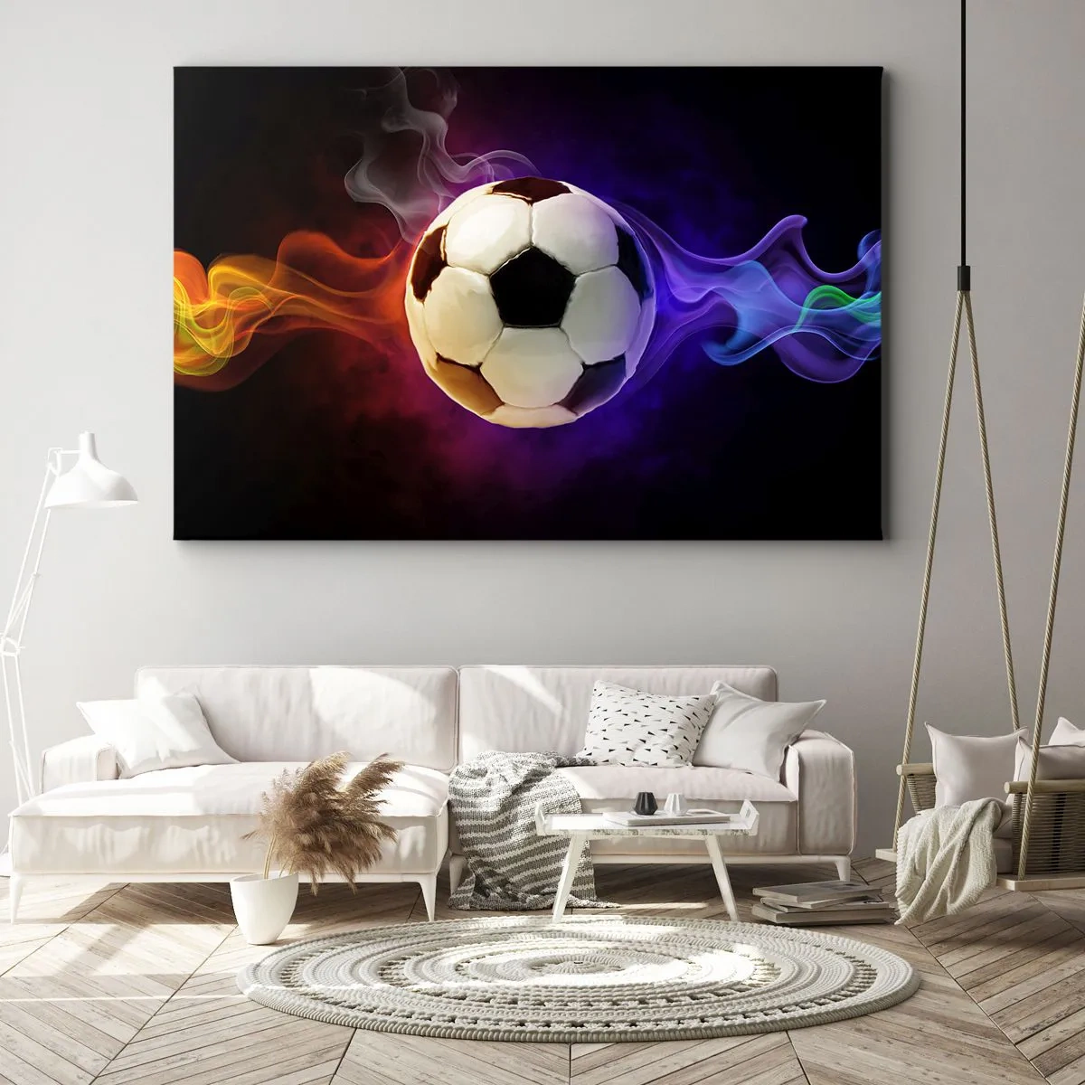 Bild auf Leinwand - Leinwandbild - Ein Fußball, umgeben von bunten Raucheffekten auf dunklem Hintergrund. - 70x50cm - Die magische Kraft des Spiels - Moderne Wanddekoration für Wohnzimmer und Schlafzimmer ARTTOR