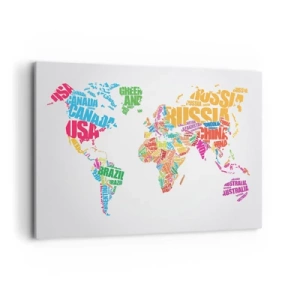 Bild auf Leinwand - Leinwandbild - Bunte Weltkarte mit Ländernamen - 120x80cm - Ich möchte sie alle treffen - Moderne Wanddekoration für Wohnzimmer und Schlafzimmer ARTTOR