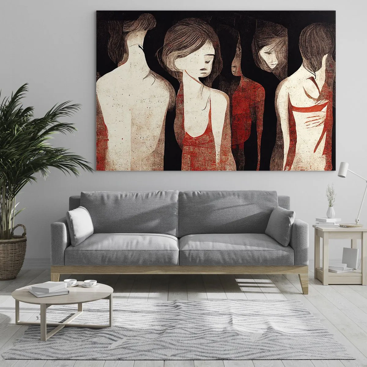 Glasbild - Bild auf glas - Abstrakte weibliche Silhouetten in Rot auf schwarzem Hintergrund - 70x50cm - Madonnen der Dunkelheit - Moderne Wanddekoration für Wohnzimmer und Schlafzimmer ARTTOR