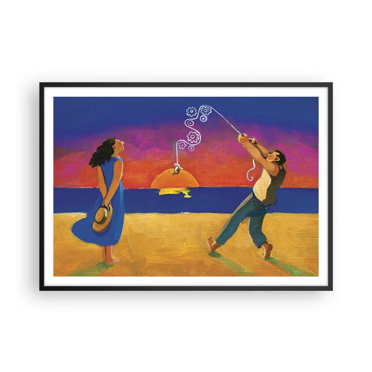 Poster in einem schwarzem Rahmen - Figuren am Meer bei Sonnenuntergang - 100x70cm - Mehr als ein Sternchen vom Himmel - Moderne Wanddekoration für Wohnzimmer und Schlafzimmer ARTTOR