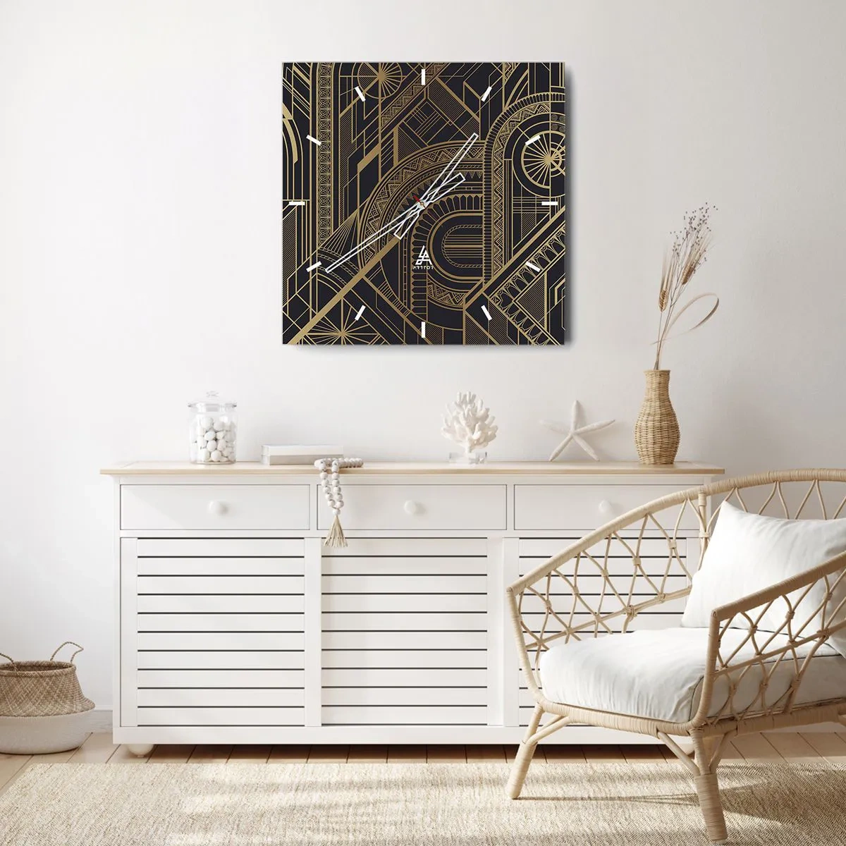Wanduhr - Glasuhr - Goldene geometrische Muster auf schwarzem Hintergrund im Art-Deco-Stil - 30x30cm - Konzepte, Ideen, Pläne - Moderne Wanddekoration für Wohnzimmer und Schlafzimmer ARTTOR