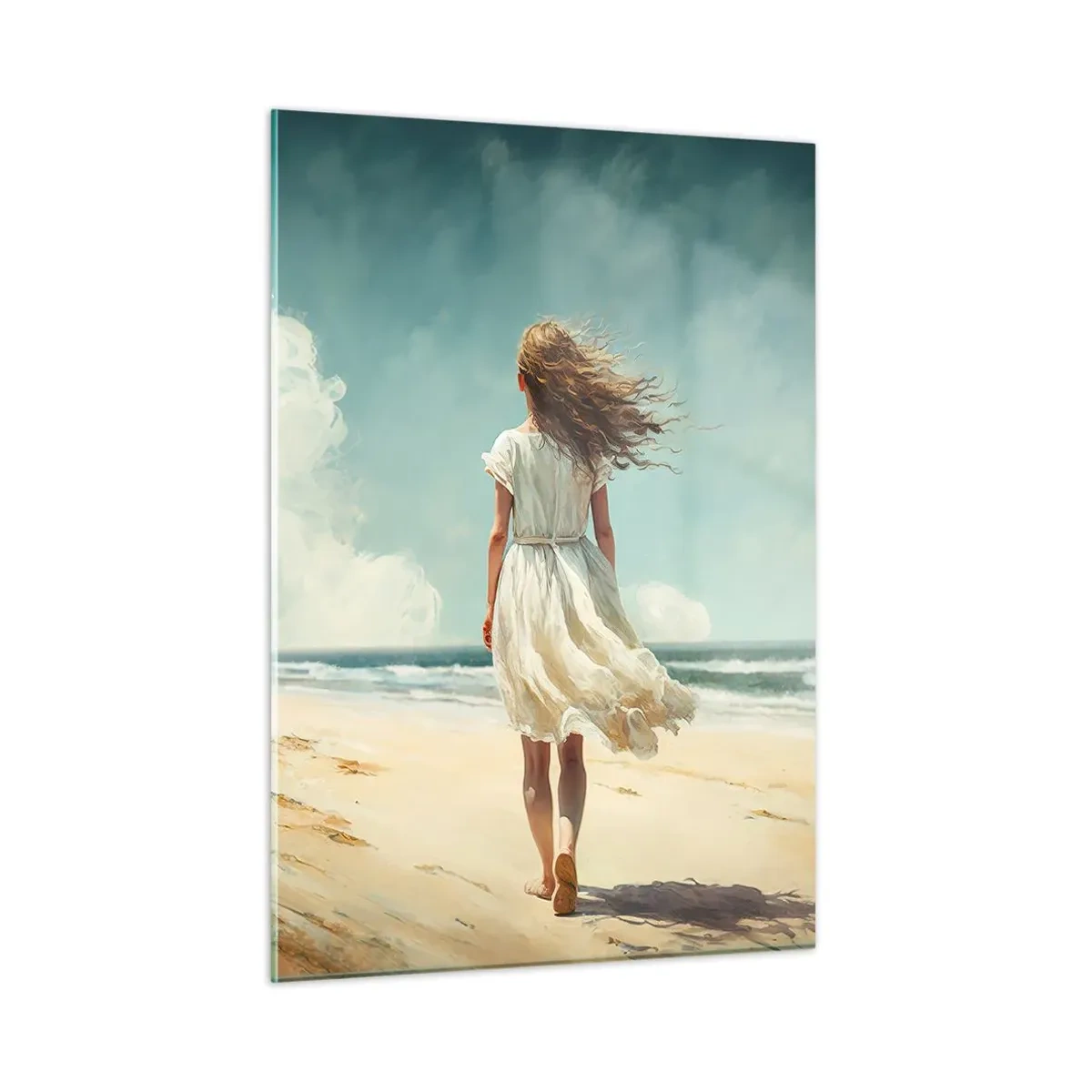 Glasbild - Bild auf glas - Eine Frau in einem weißen Kleid läuft barfuß an einem sonnigen Strand - 50x70cm - Der Sonne und dem Wind begegnen - Moderne Wanddekoration für Wohnzimmer und Schlafzimmer ARTTOR