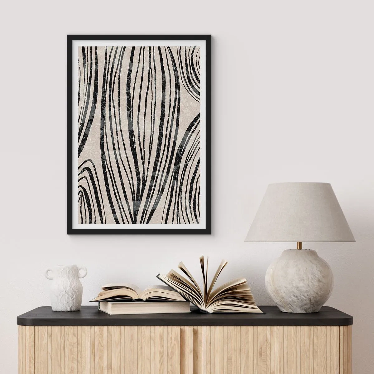 Poster in einem schwarzem Rahmen - Abstrakte schwarze Linien auf beigem Hintergrund - 50x70cm - Linienpool - Moderne Wanddekoration für Wohnzimmer und Schlafzimmer ARTTOR