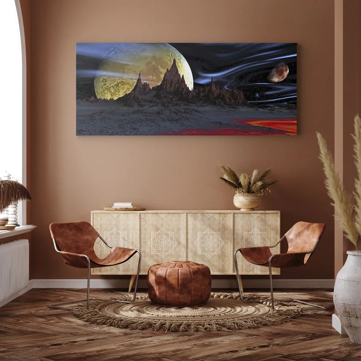 Bild auf Leinwand - Leinwandbild - Eine fantastische Landschaft mit Planeten und Vulkanen - 120x50cm - Unbekannte Welt - Moderne Wanddekoration für Wohnzimmer und Schlafzimmer ARTTOR