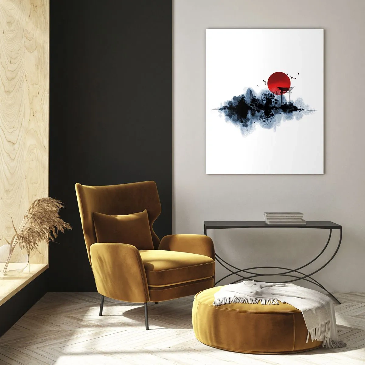 Glasbild - Bild auf glas - Eine minimalistische Landschaft mit einem Torii-Tor und einer roten Sonne. - 50x70cm - Japanische Sicht - Moderne Wanddekoration für Wohnzimmer und Schlafzimmer ARTTOR