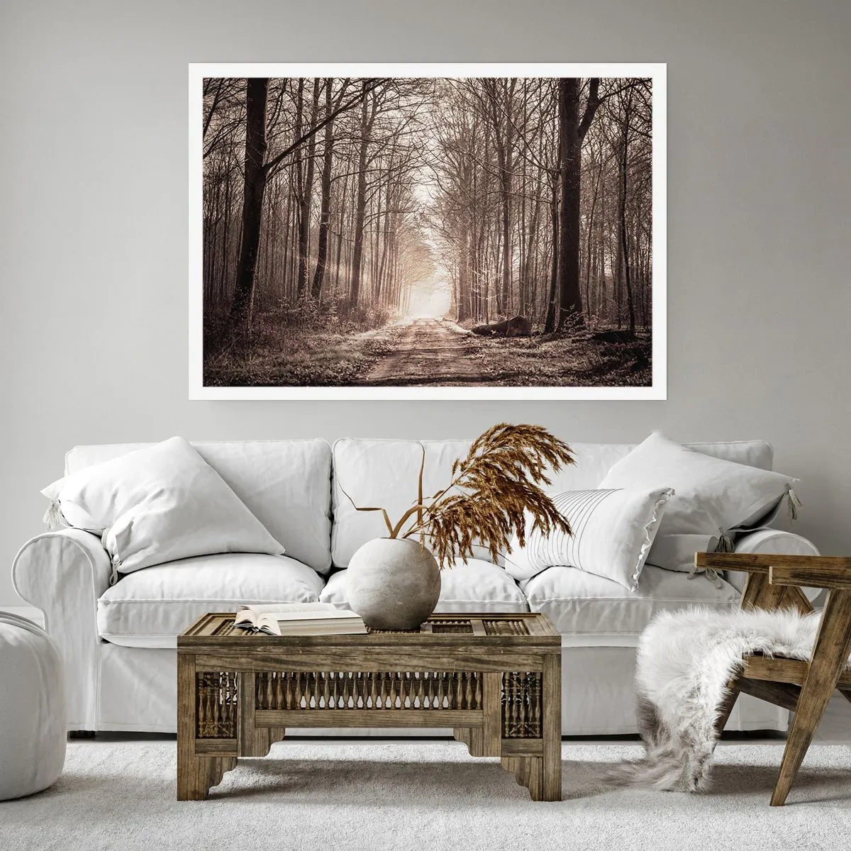 Poster - Ein Waldweg zwischen sepiafarbenen Bäumen - 100x70cm - Waldkathedrale - Moderne Wanddekoration für Wohnzimmer und Schlafzimmer ARTTOR