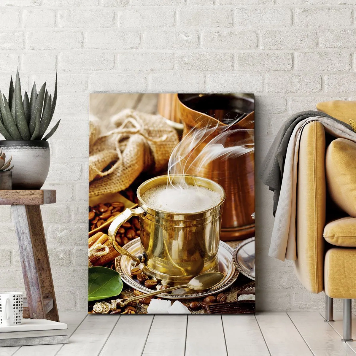 Bild auf Leinwand - Leinwandbild - Eine goldene Tasse Kaffee, umgeben von Bohnen, Krügen und Croissants - 50x70cm - Schönen Tag noch! - Moderne Wanddekoration für Wohnzimmer und Schlafzimmer ARTTOR