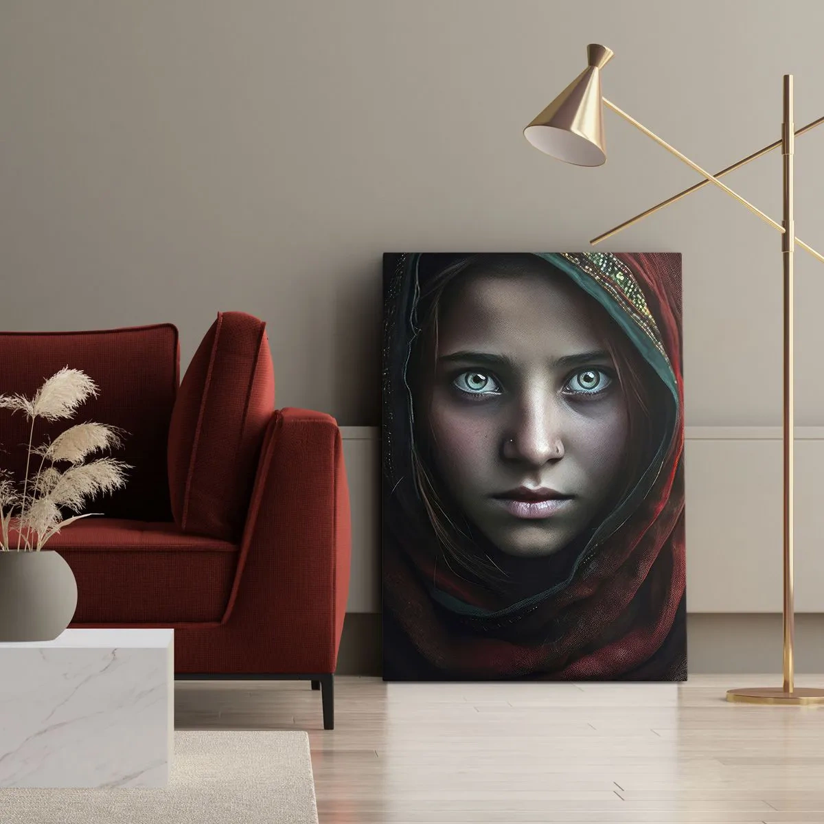 Bild auf Leinwand - Leinwandbild - Porträt einer Frau mit intensivem Blick in warmen Farben - 80x120cm - Prinzessin aus dem Osten - Moderne Wanddekoration für Wohnzimmer und Schlafzimmer ARTTOR