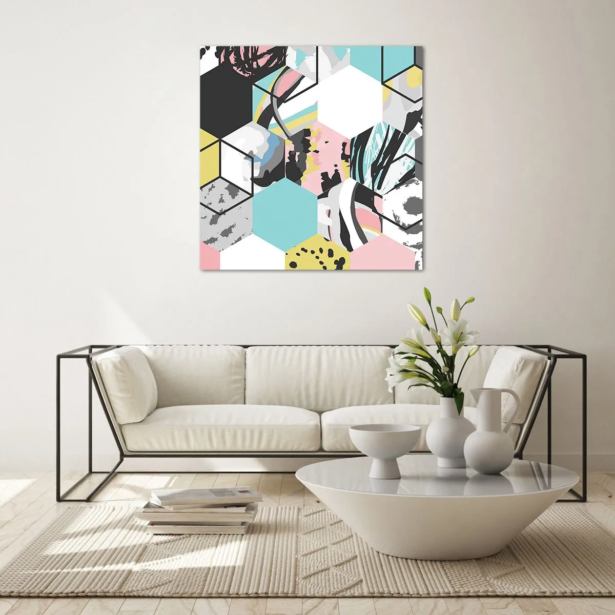 Glasbild - Bild auf glas - Sechsecke und Würfel in sechs Farben - 70x70 cm