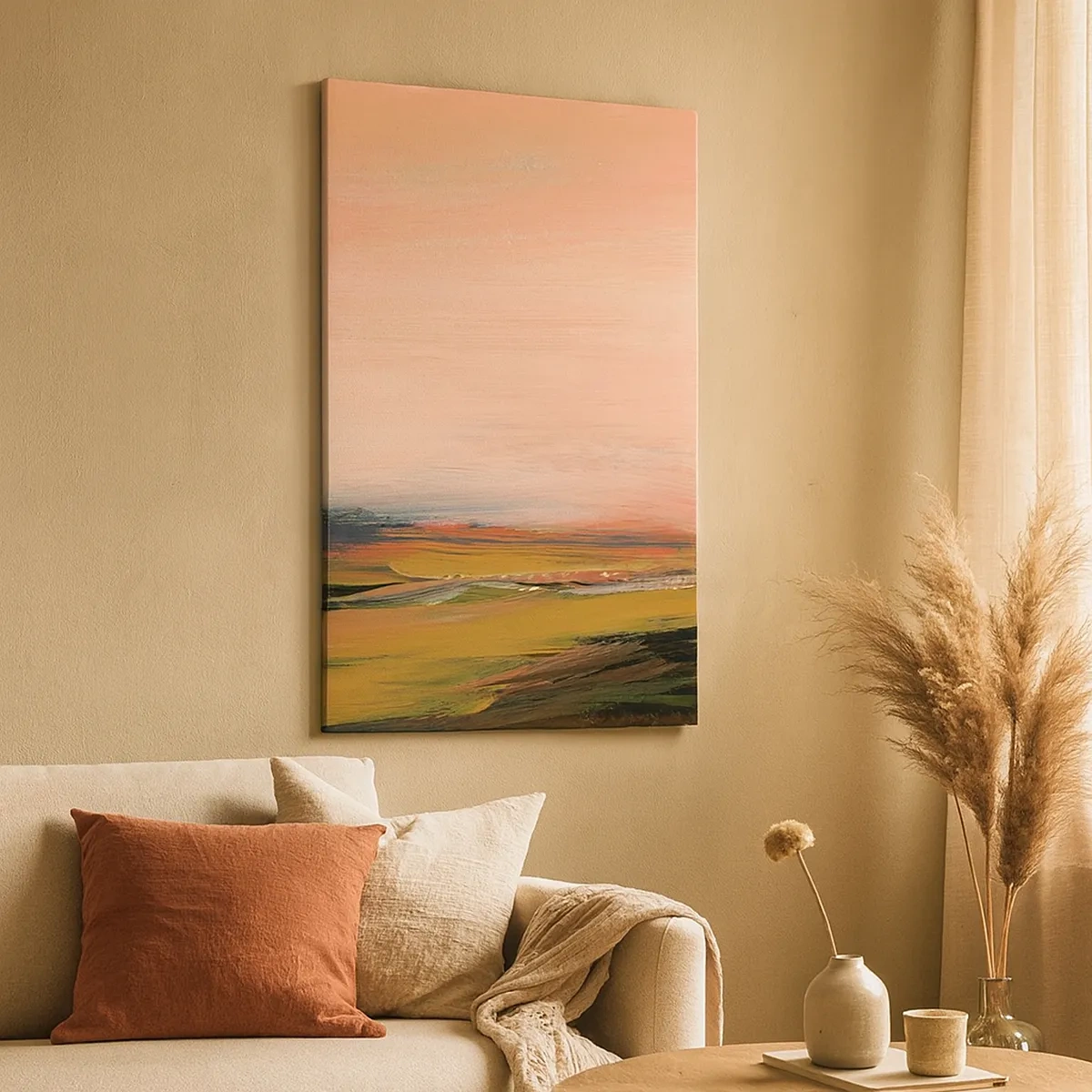 Bild auf Leinwand - Leinwandbild - Eine Landschaft in Rosa- und Goldtönen - 50x70cm - In Rosatönen - Moderne Wanddekoration für Wohnzimmer und Schlafzimmer ARTTOR