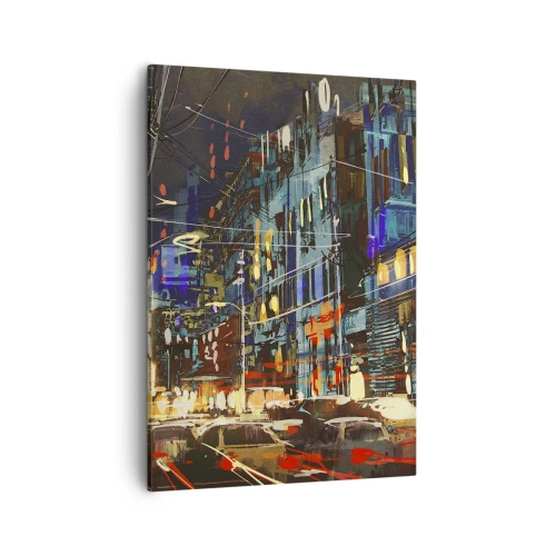 Bild auf Leinwand - Leinwandbild - Stadtnachtszene mit Neonlichtern - 50x70cm - Abendlicher Straßentrubel - Moderne Wanddekoration für Wohnzimmer und Schlafzimmer ARTTOR