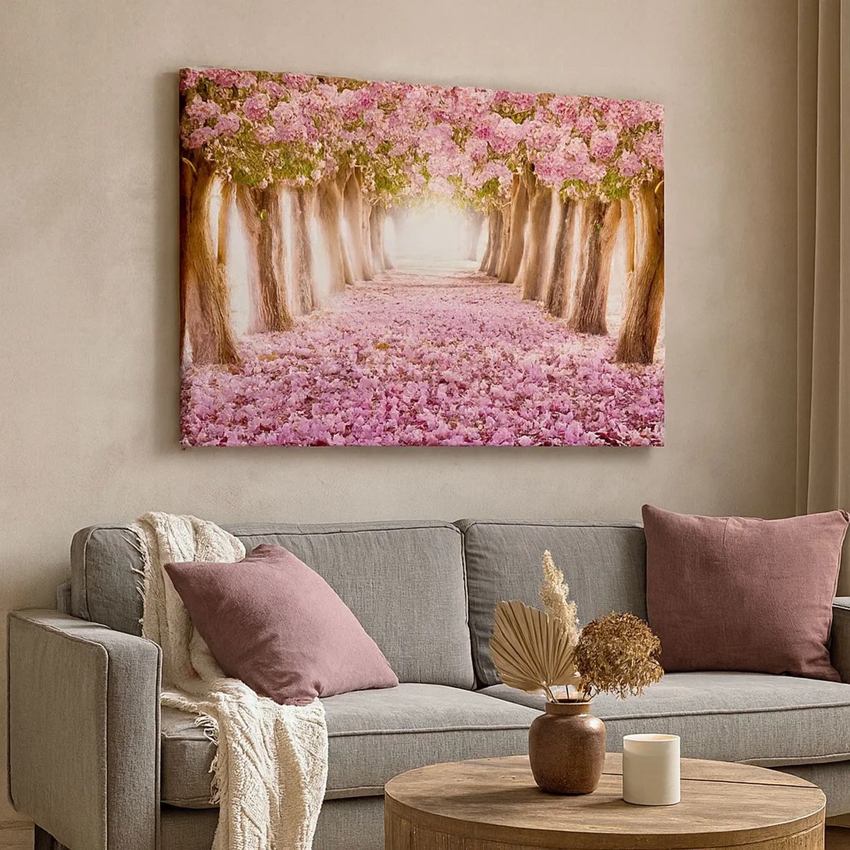 Bild auf Leinwand - Leinwandbild - Eine Allee blühender Bäume in Rosatönen - 70x50cm - Der Weg ins Paradies - Moderne Wanddekoration für Wohnzimmer und Schlafzimmer ARTTOR