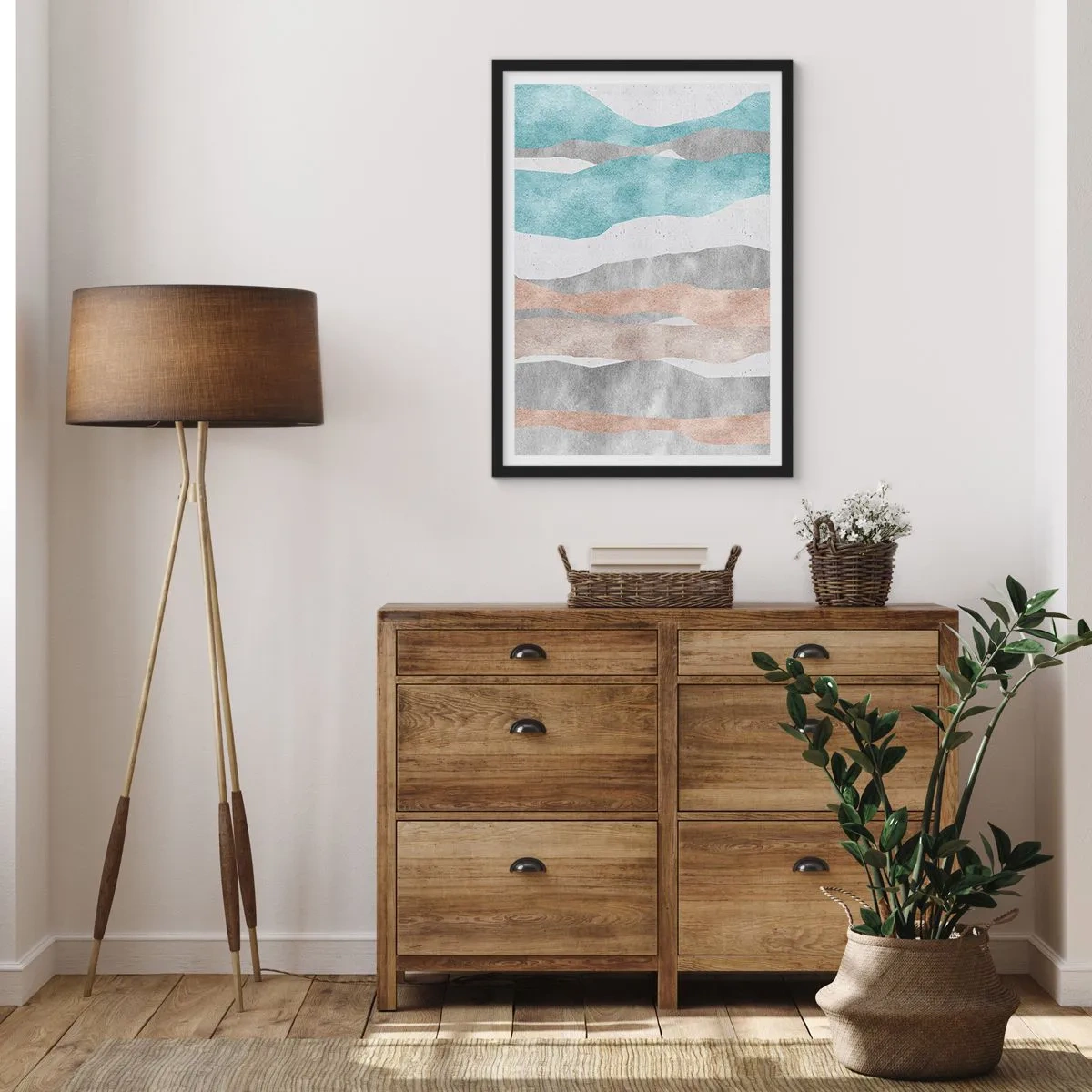 Poster in einem schwarzem Rahmen - Minimalistische Wellen in Blau- und Beigetönen - 50x70cm - Studie über Nähe - Moderne Wanddekoration für Wohnzimmer und Schlafzimmer ARTTOR