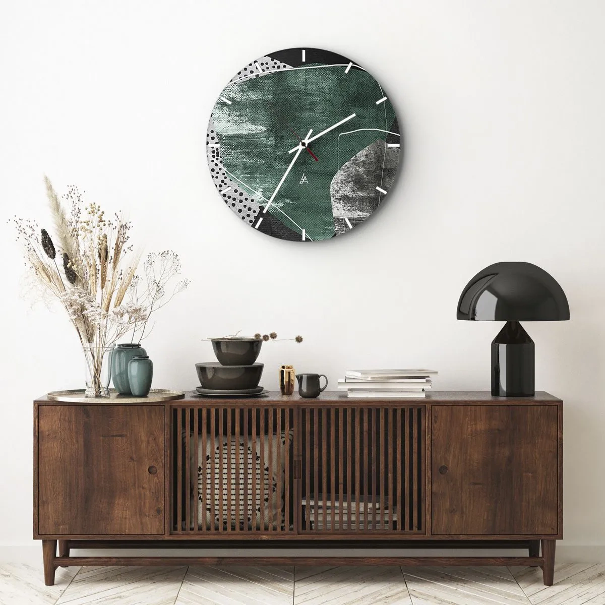 Wanduhr - Glasuhr - Grün-schwarze abstrakte Komposition mit grafischen Akzenten - 30x30cm - Bunte Abstraktion mit Blattgold - Moderne Wanddekoration für Wohnzimmer, Küche und Schlafzimmer ARTTOR