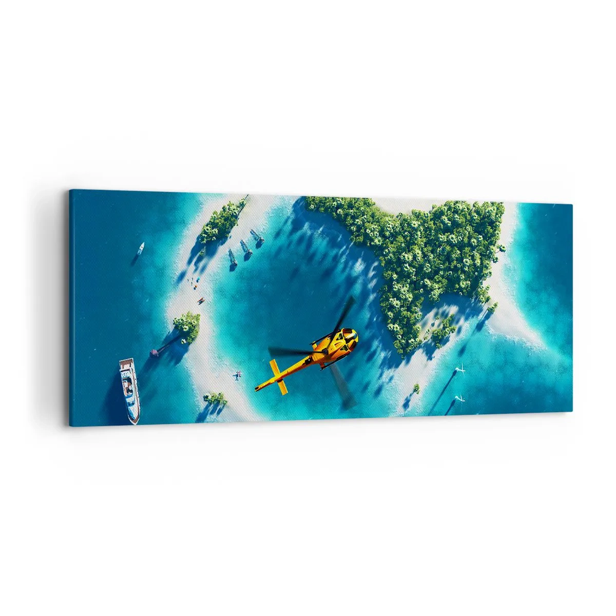 Bild auf Leinwand - Leinwandbild - Eine tropische Insel, umgeben von türkisfarbenem Wasser, mit einem Hubschrauber in Sicht - 120x50cm - Kauf dir eine Insel - Moderne Wanddekoration für Wohnzimmer und Schlafzimmer ARTTOR