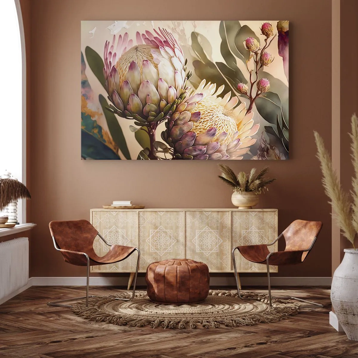 Bild auf Leinwand - Leinwandbild - Bunte Protea-Blüten auf zartem Hintergrund - 100x70cm - Zärtlich umarmt - Moderne Wanddekoration für Wohnzimmer und Schlafzimmer ARTTOR