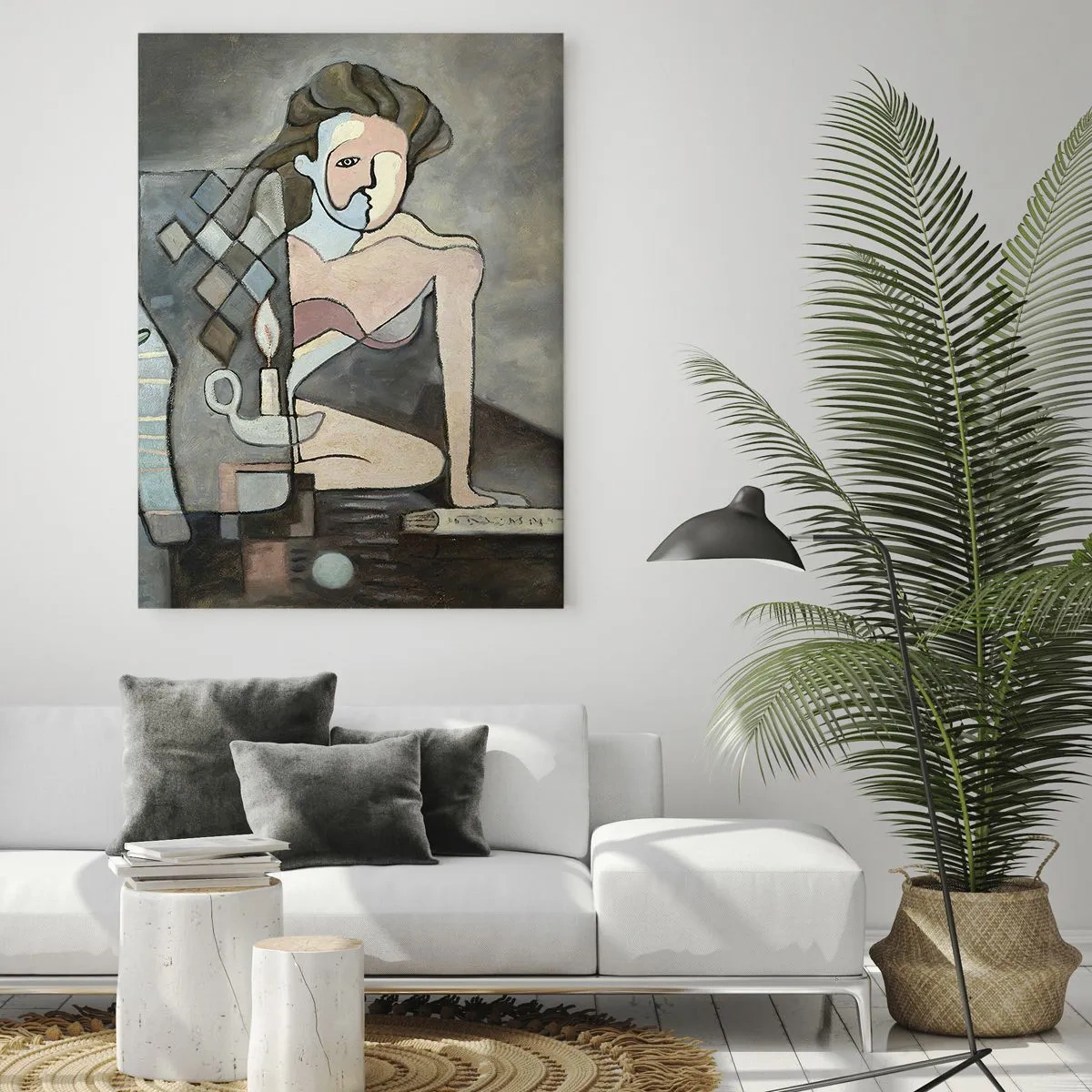 Glasbild - Bild auf glas - Eine abstrakte Szene mit zwei Figuren im kubistischen Stil. - 50x70cm - Mosaik aus Geist und Materie - Moderne Wanddekoration für Wohnzimmer und Schlafzimmer ARTTOR