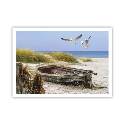 Poster - Verlassenes Boot an einem Strand mit Möwen - 100x70cm - In Wind gebadet - Moderne Wanddekoration für Wohnzimmer und Schlafzimmer ARTTOR