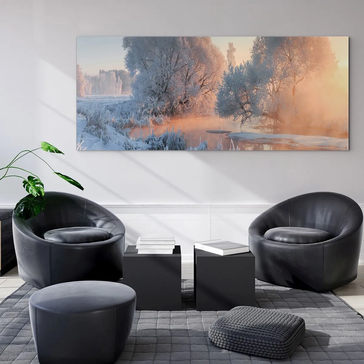 Glasbild - Bild auf glas - Winterlandschaft mit schneebedeckten Bäumen und einem Sonnenuntergang - 120x50cm - Alles im Kristall glänzt in der Sonne - Moderne Wanddekoration für Wohnzimmer und Schlafzimmer ARTTOR