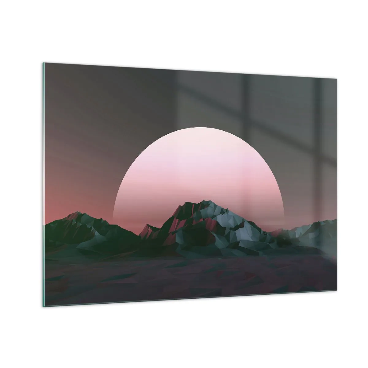 Glasbild - Bild auf glas - Abstrakte Landschaft mit geometrischen Bergen und einer rosa Sonne. - 100x70cm - In einer Nachbargalaxie - Moderne Wanddekoration für Wohnzimmer und Schlafzimmer ARTTOR