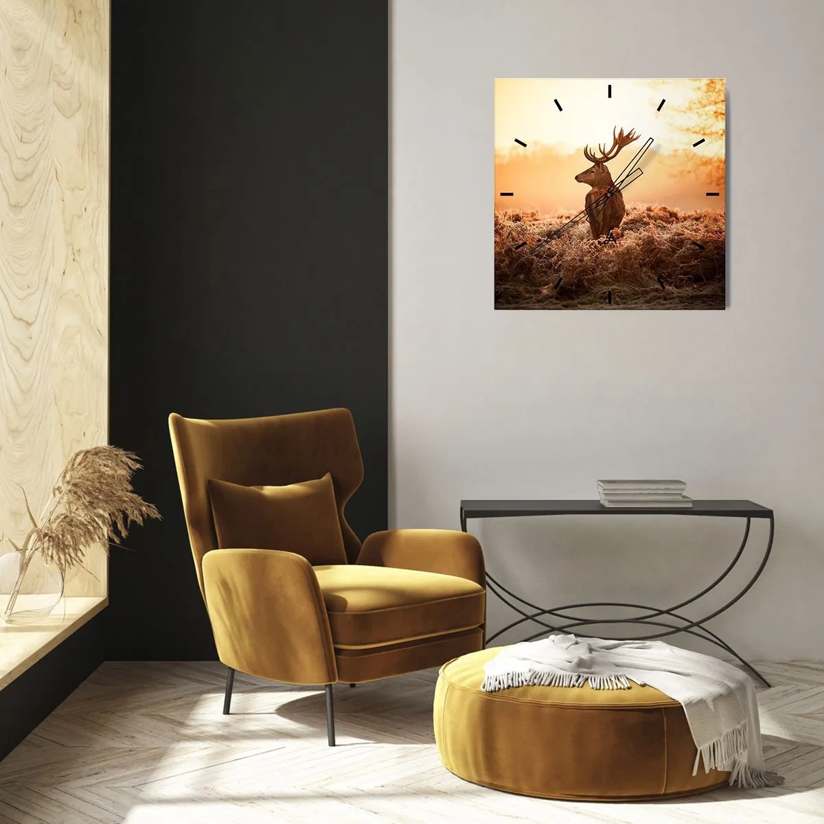 Wanduhr - Glasuhr - Hirsch in den Strahlen der aufgehenden Sonne - 30x30cm - Herr im eigenen Land - Moderne Wanddekoration für Wohnzimmer und Schlafzimmer ARTTOR