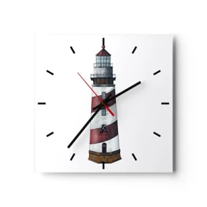 Wanduhr - Glasuhr - Ein Cartoonbild eines Leuchtturms mit roten und weißen Streifen auf minimalistischem Hintergrund. - 30x30cm - Immer auf der Hut - Moderne Wanddekoration für Wohnzimmer und Schlafzimmer ARTTOR