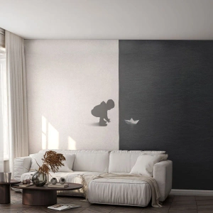 Fototapete Premium Canvas - Eine Kinderfigur mit einem Papierboot vor einem Hintergrund aus kontrastierenden Hälften - 100x70cm - Tolle Expedition - Moderne Wanddekoration für Wohnzimmer und Schlafzimmer ARTTOR