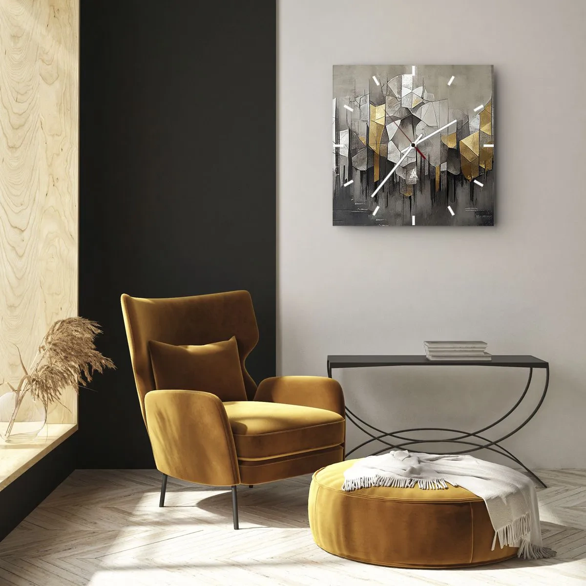 Wanduhr - Glasuhr - Geometrische Abstraktion in Gold- und Grautönen - 30x30cm - Komposition aus Eis und Licht - Moderne Wanddekoration für Wohnzimmer und Schlafzimmer ARTTOR