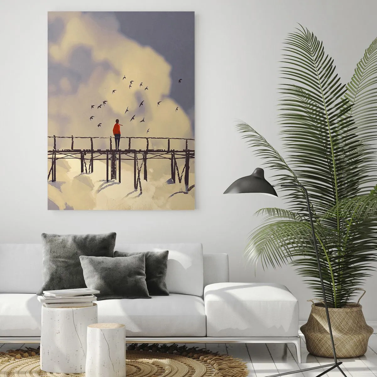 Glasbild - Bild auf glas - Eine Figur auf einer Brücke zwischen Wolken mit Vögeln am Himmel - 80x120cm - Blaue Sehnsucht - Moderne Wanddekoration für Wohnzimmer und Schlafzimmer ARTTOR