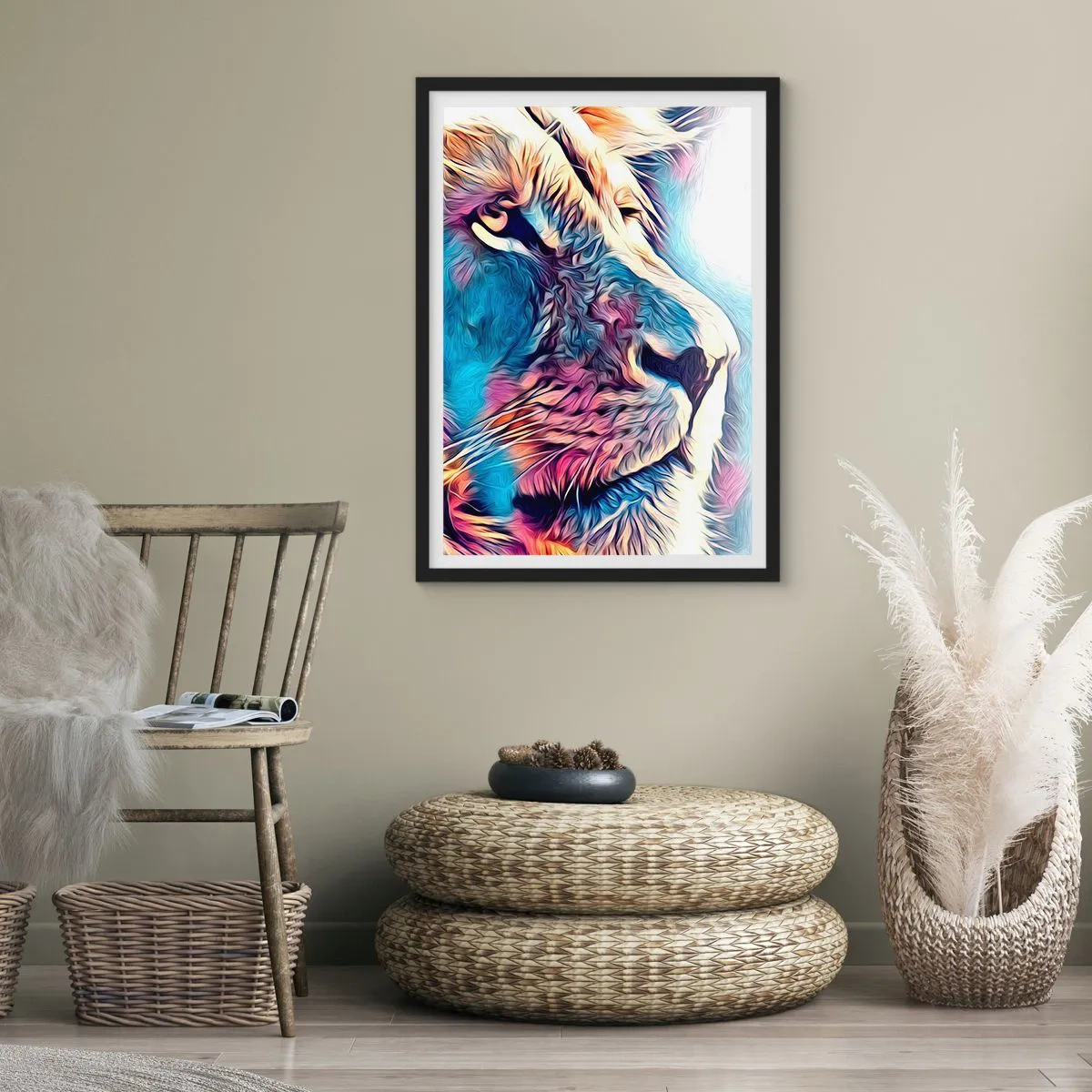Poster in einem schwarzem Rahmen - Ein farbenfrohes Löwenporträt im künstlerischen Stil mit intensiven Farben. - 50x70cm - Die Weisheit der Natur - Moderne Wanddekoration für Wohnzimmer und Schlafzimmer ARTTOR