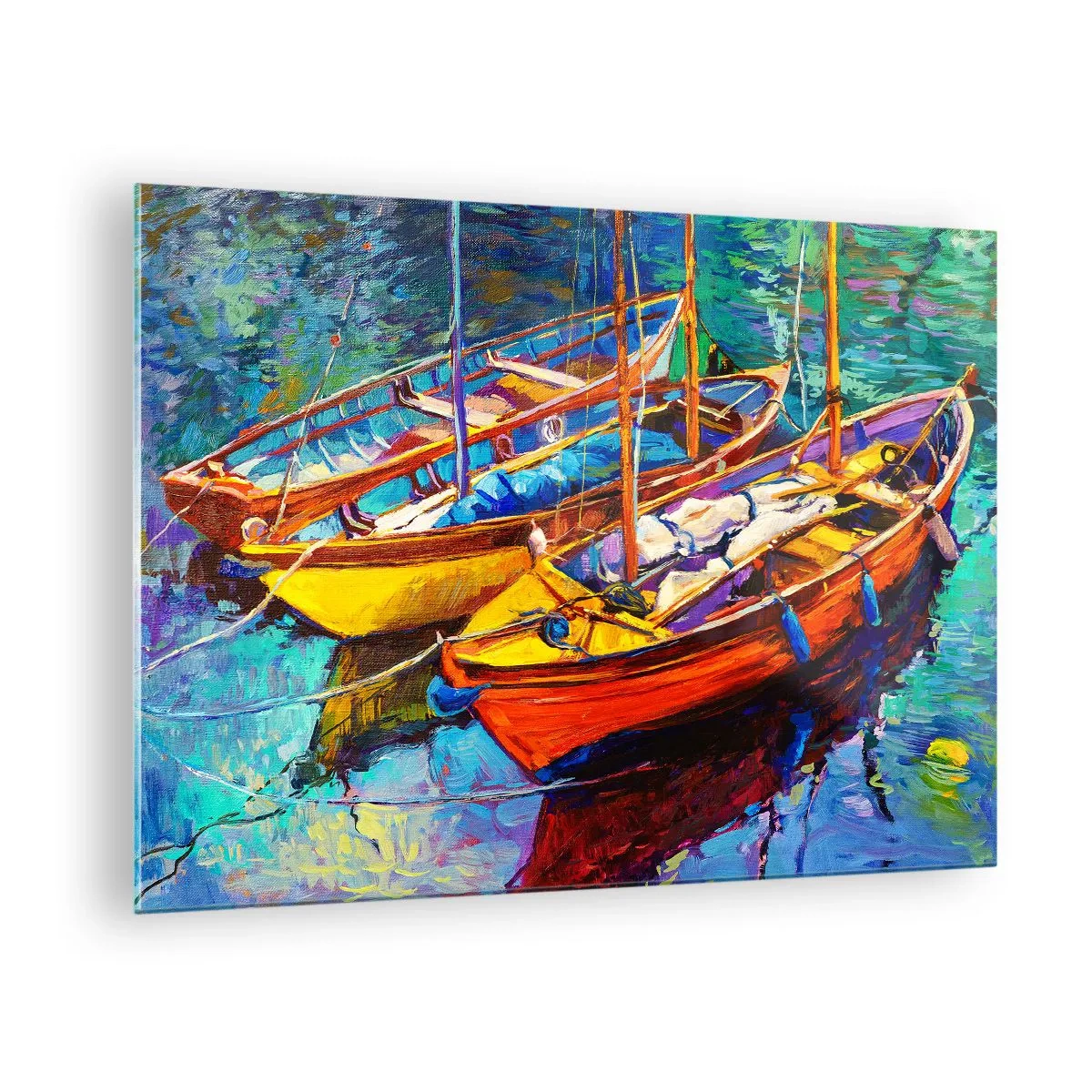 Glasbild - Bild auf glas - Bunte Boote auf ruhigem Wasser - 70x50cm - Auf Wasser dick mit Farben - Moderne Wanddekoration für Wohnzimmer und Schlafzimmer ARTTOR