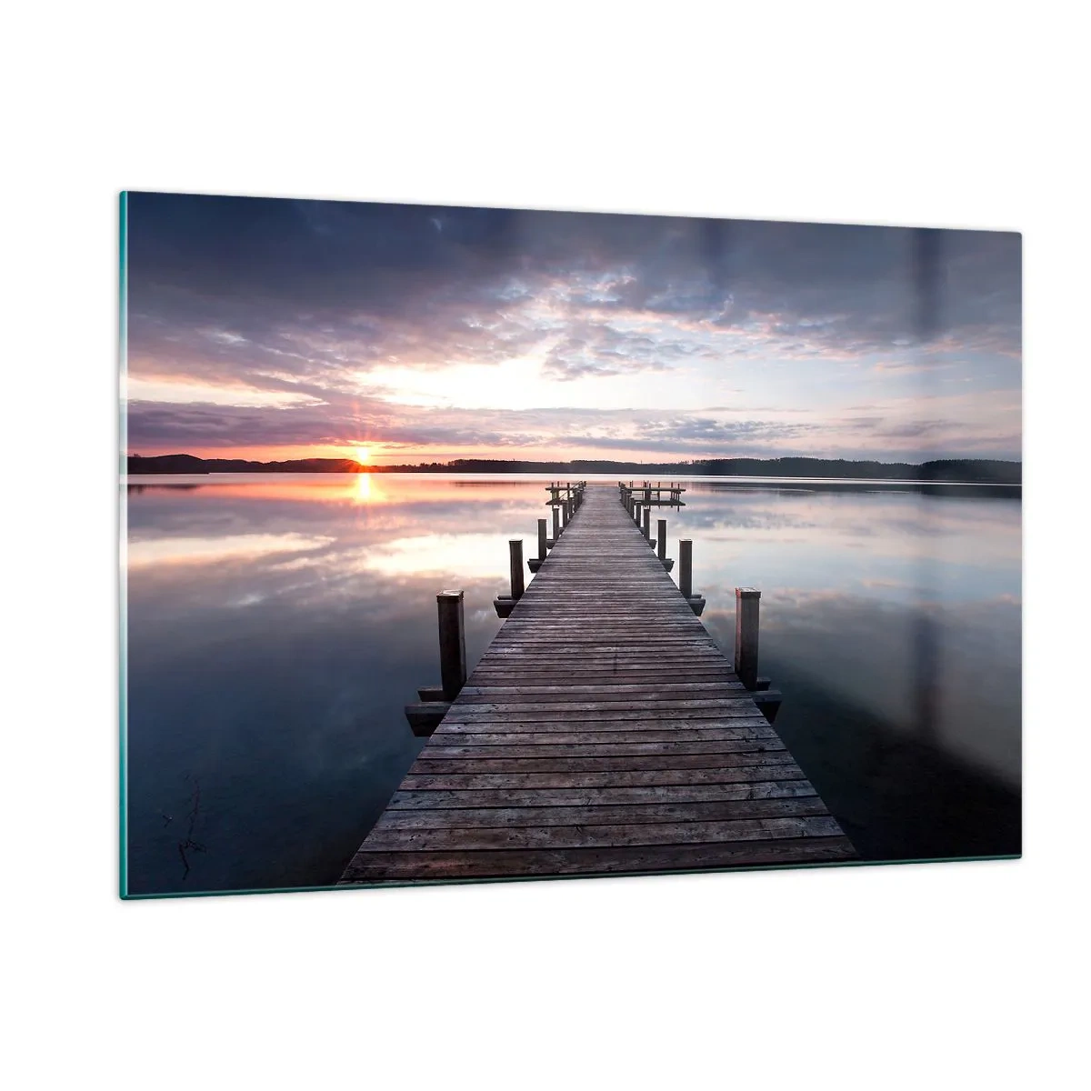 Glasbild - Bild auf glas - Holzsteg am See bei Sonnenuntergang - 120x80cm - Eine stille Grenze zwischen Tag und Nacht - Moderne Wanddekoration für Wohnzimmer und Schlafzimmer ARTTOR