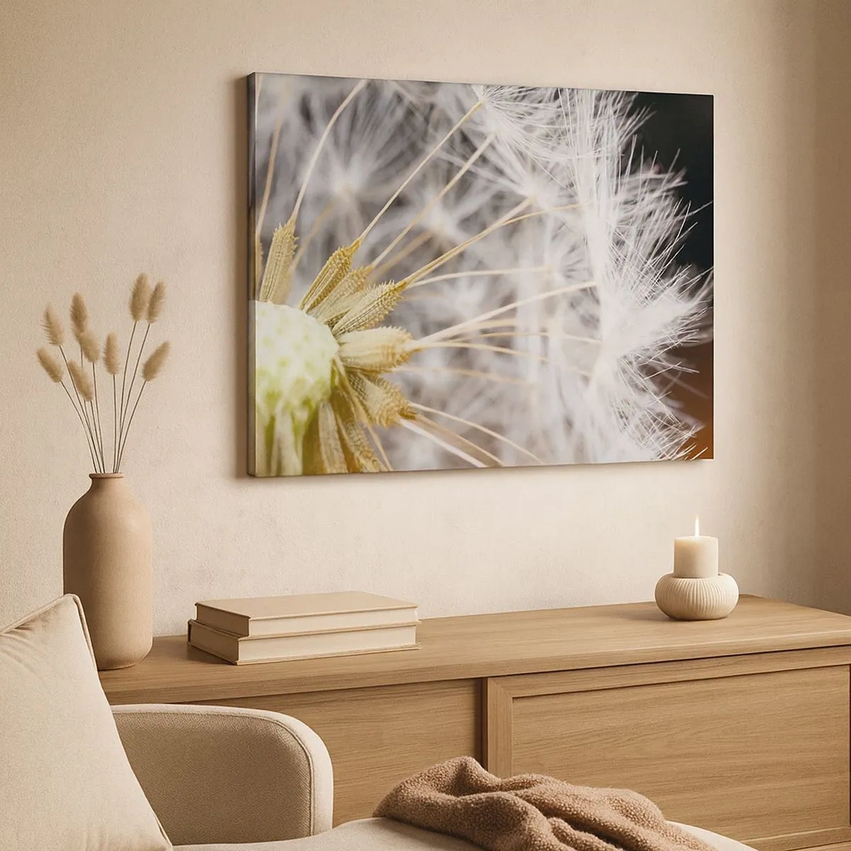 Bild auf Leinwand - Leinwandbild - Makrofotografie eines Löwenzahns mit zarten Samen - 70x50cm - Kurz vor dem Abflug - Moderne Wanddekoration für Wohnzimmer und Schlafzimmer ARTTOR