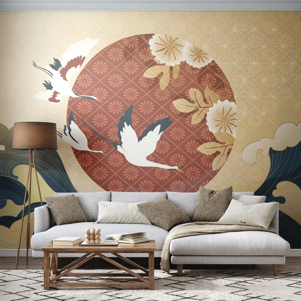 Selbstklebende Fototapete Deluxe Sticker - Japanisches Märchen - Reiher, Vogel, Abstraktion - 400x280 cm