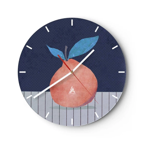 Wanduhr - Glasuhr - Pfirsich mit Blättern auf marineblauem Hintergrund - 30x30cm - Konvexität und Ebene - Moderne Wanddekoration für Wohnzimmer, Küche und Schlafzimmer ARTTOR