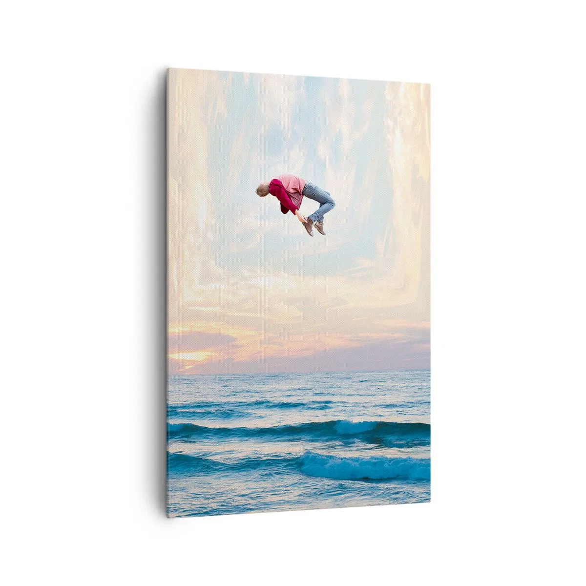 Bild auf Leinwand - Leinwandbild - Surrealer Sprung über das Meer im Rahmen - 80x120cm - In eine andere Dimension - Moderne Wanddekoration für Wohnzimmer und Schlafzimmer ARTTOR