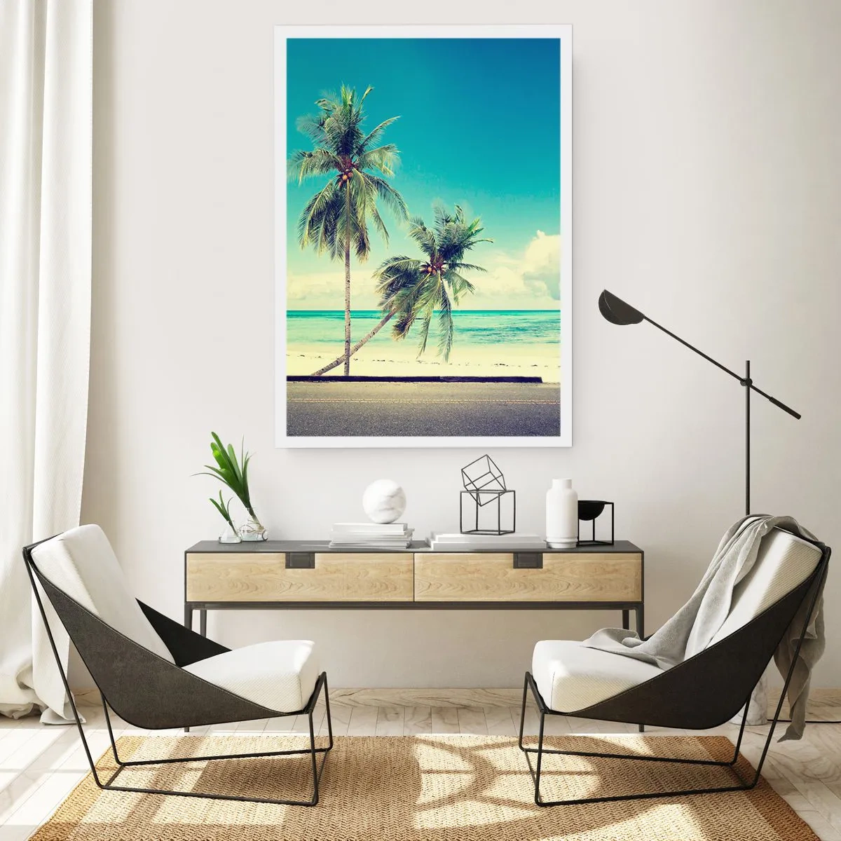 Poster - Zwei Palmen am Strand mit blauem Himmel - 50x70cm - Zeit um in die Ferien zu starten - Moderne Wanddekoration für Wohnzimmer und Schlafzimmer ARTTOR