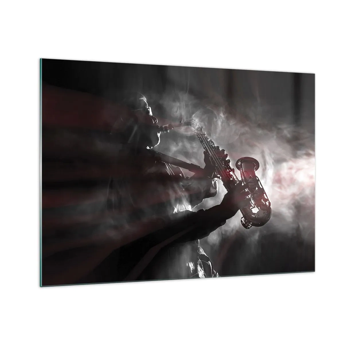 Glasbild - Bild auf glas - Saxophonist in einer Rauchwolke in Schwarz und Weiß - 100x70cm - In den Dämpfen des Jazz - Moderne Wanddekoration für Wohnzimmer und Schlafzimmer ARTTOR