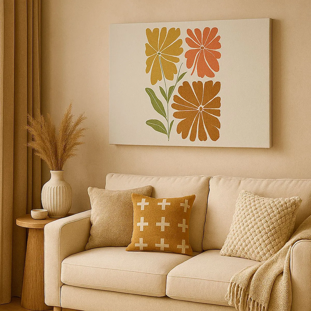Bild auf Leinwand - Leinwandbild - Drei Blumen in warmen Farben auf hellem Hintergrund - 70x50cm - Natur und Geometrie - Moderne Wanddekoration für Wohnzimmer und Schlafzimmer ARTTOR