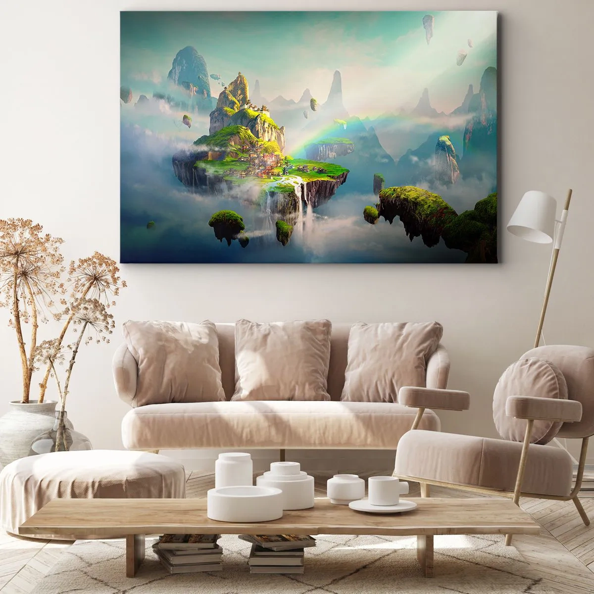 Bild auf Leinwand - Leinwandbild - Fliegende Inseln zwischen den Wolken mit einem Regenbogen am Horizont - 70x50cm - Mitten am Himmel - glückliche Inseln - Moderne Wanddekoration für Wohnzimmer und Schlafzimmer ARTTOR